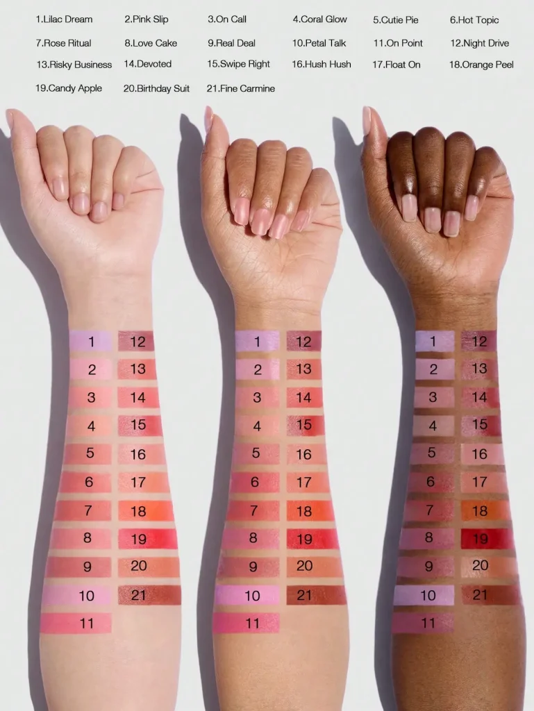 رنگ های رژگونه مایع شیگلم روی پوست