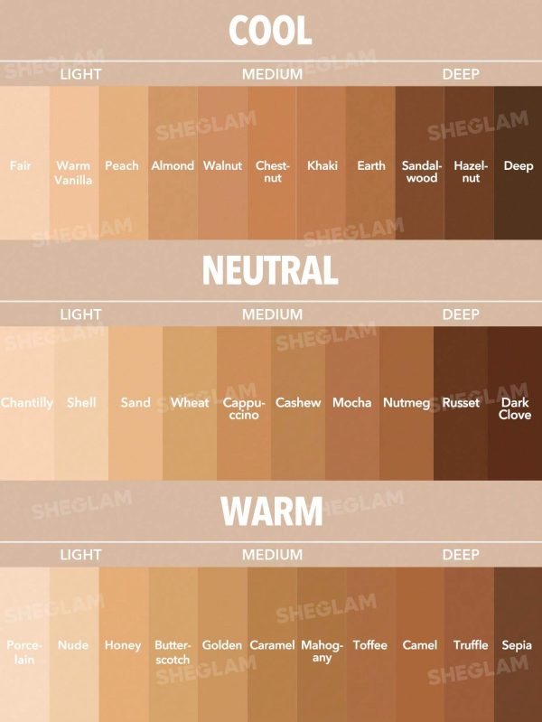 سواچ و تست رنگ‌بندی کامل کرم پودر بادوام شیگلم روی تناژهای مختلف پوست (گرم، سرد، خنثی) برای انتخاب رنگ دقیق