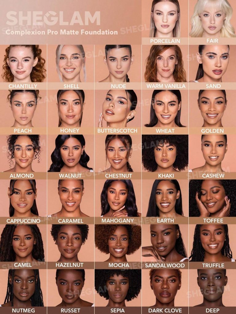 رنگبندی کامل کرم پودر بادوام شیگلم روی تناژهای مختلف پوست بر روی صورت برای انتخاب رنگ دقیق