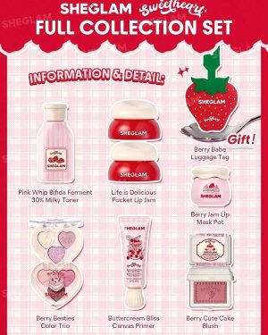 اینفوگرافیک محتویات پک سوئیت‌ هارت شیگلم Sweetheart Full Collection شامل تونر شیری، لیپ جم، لیپ ماسک، پرایمر، رژگونه کیکی، پالت سه رنگ و تگ هدیه