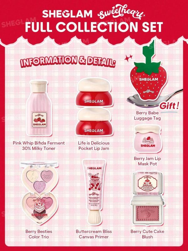 اینفوگرافیک محتویات پک سوئیت‌ هارت شیگلم Sweetheart Full Collection شامل تونر شیری، لیپ جم، لیپ ماسک، پرایمر، رژگونه کیکی، پالت سه رنگ و تگ هدیه