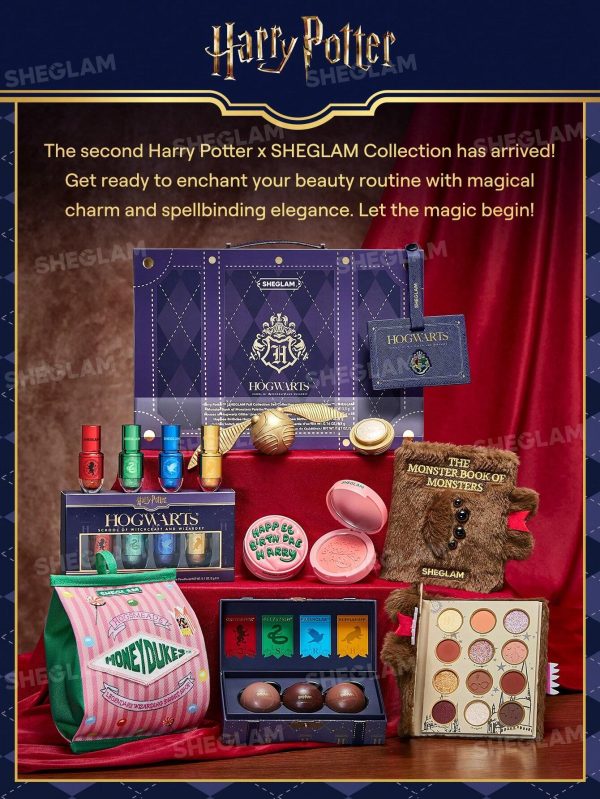 نمای کامل کالکشن Harry Potter x SHEGLAM شامل رژگونه، پالت سایه و محصولات الهام گرفته از Hogwarts